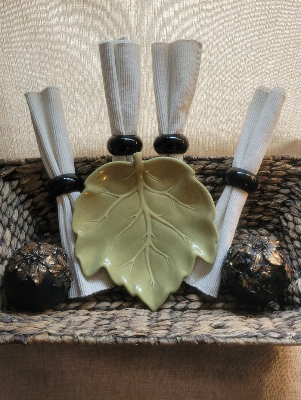 Curated Autumn Tablescape Collection | Olive Leaf Dish, Black Napkin Rings, Fall